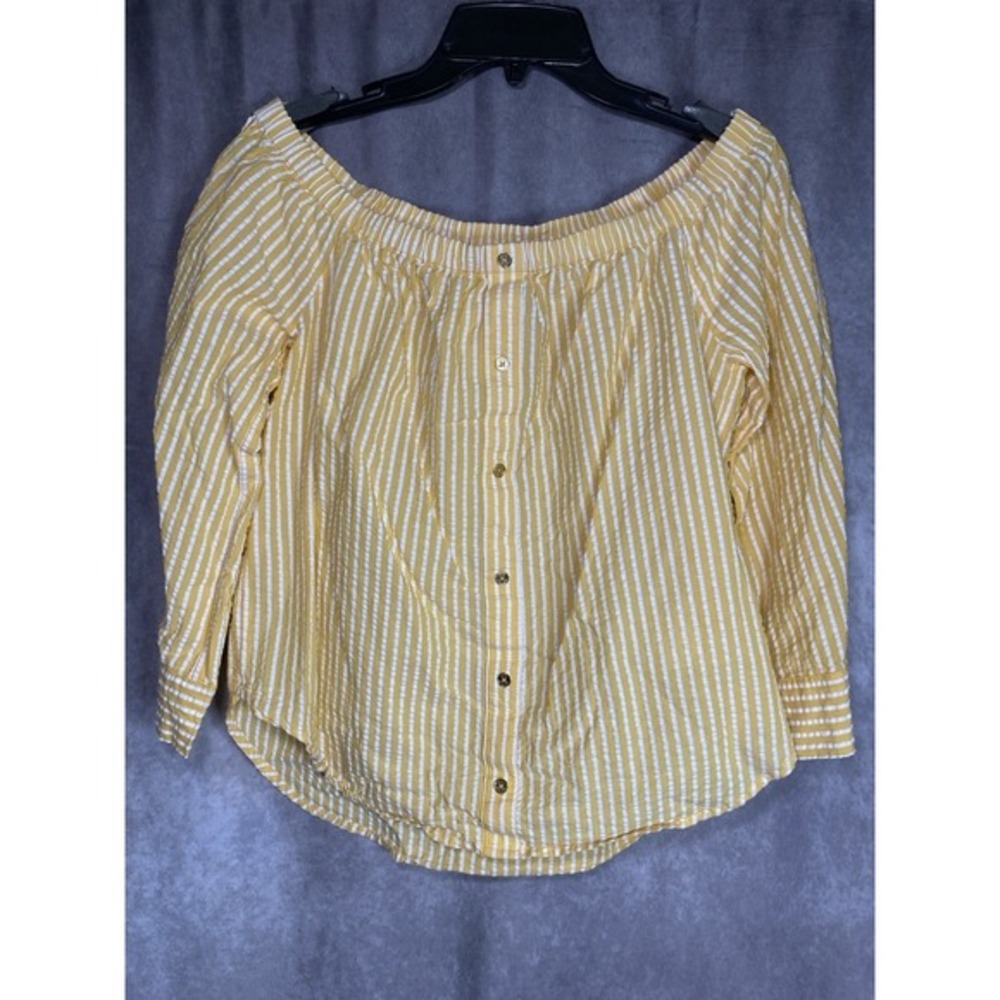 Resort Michael Kors Womens M Striped Cotton Seersucker Off Shoulder 3/4 Sleeve